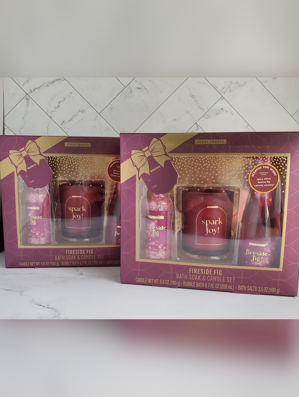 Two Scent Theory Fireside Fig Bath Soak and Candle Gift Sets